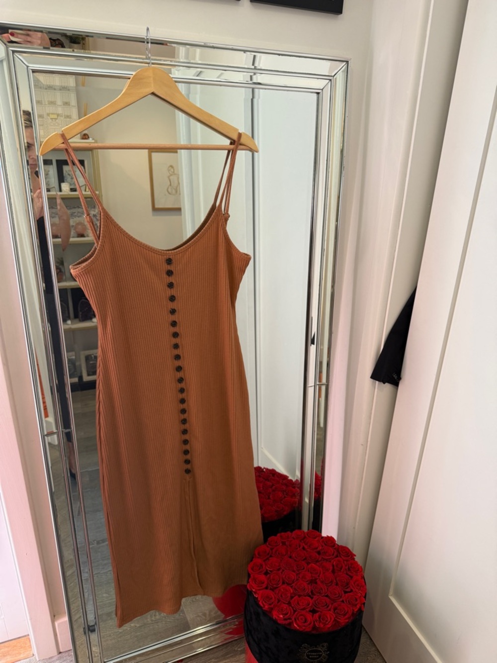 Vici Ribbed Button-Front Slip Midi Dress in Rust Brown